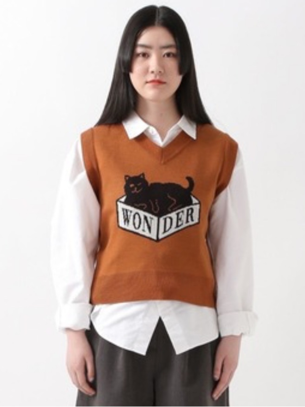 Box Cat Knit Vest in Rust with WONDER Graphic - Picture 2 of 3